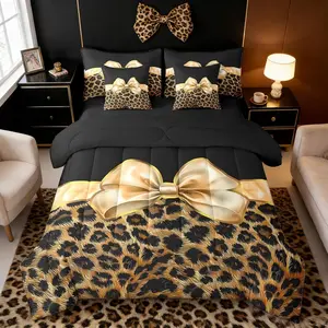 Leopard Print Bow Bedding Set,African Cheetah Fur Skin Comforter Set with Sheets for Kids Girls Teens Room Decor,Luxury Bowknot Girlish Bed in a Bag
