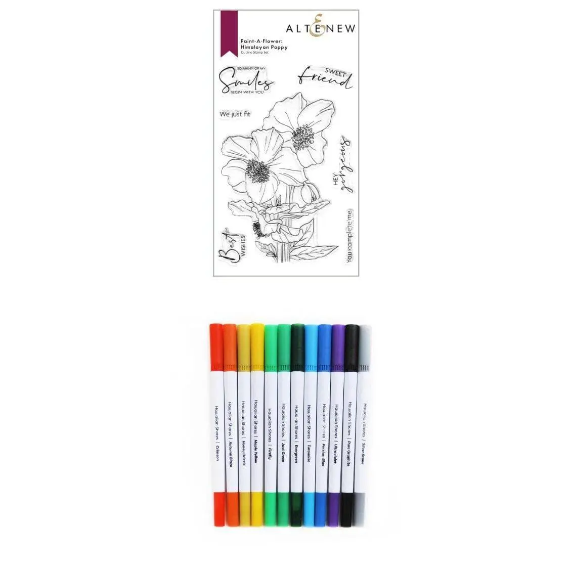 Paint-A-Flower: Himalayan Poppy Outline Stamp Set & Hawaiian Shores Brush & Fine Tip Pens Bundle