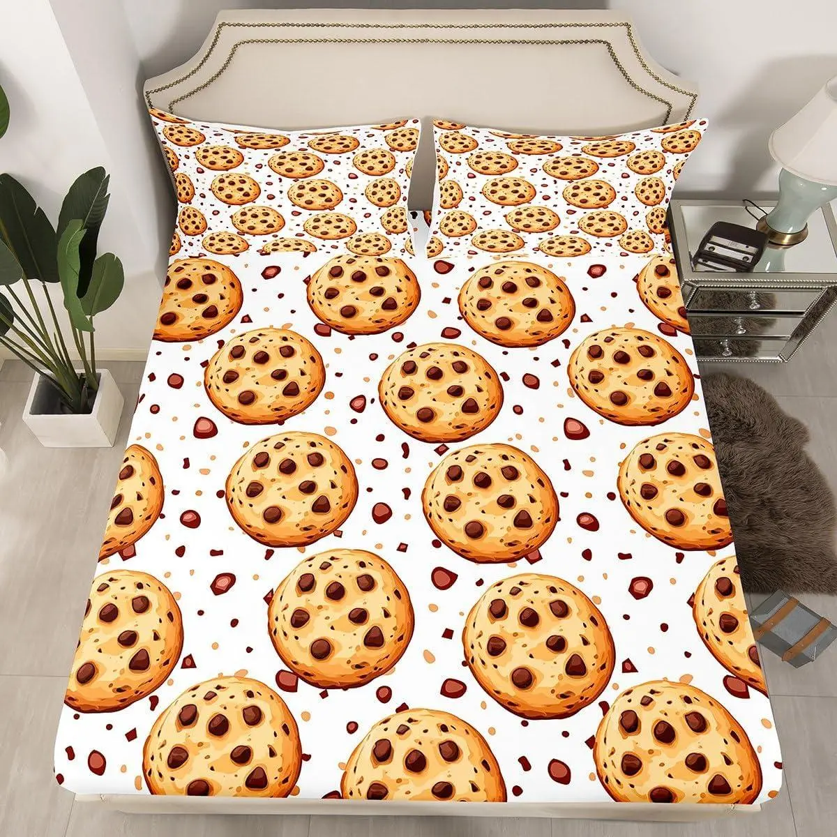 Chocolate Chip Cookies Bedding Set,Cartoon Dessert Flavours Pastry Bakery Food Design Sheet Set,Decorative Fitted Sheet,Brown White