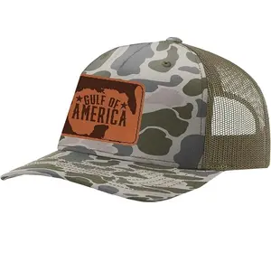 Gulf of America Mens Engraved Leather Patch Mesh Back Trucker Hat