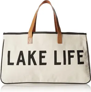 Santa Barbara Design Studio Tote Bag Hold Everything Collection Black and White 100% Cotton Canvas with Leather Handles