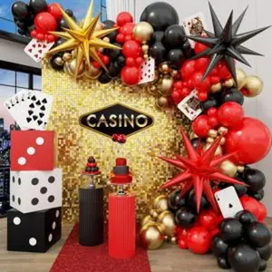 Casino balloon arch garland kit with red black and gold balloons dice boxes random pokers for birthday casino night las vegas casino theme party decorations