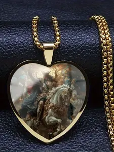 A transparent glass heart necklace adorned with delicate 2D vintage patterns.