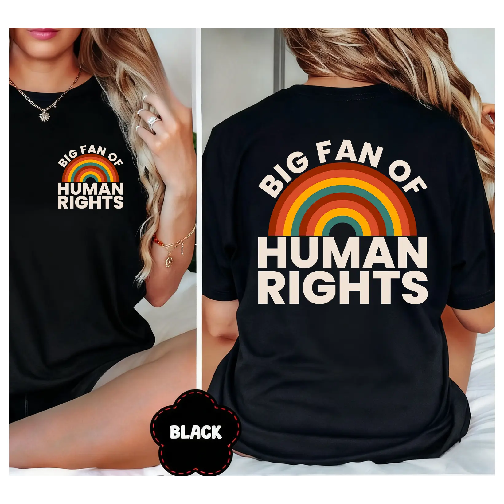 100% Cotton Unisex BIG FAN OF HUMAN RIGHTS Rainbow Pattern T-Shirt, Bold Slogan Pro Democracy Equality Tee, Raise Kind Humans Shirt