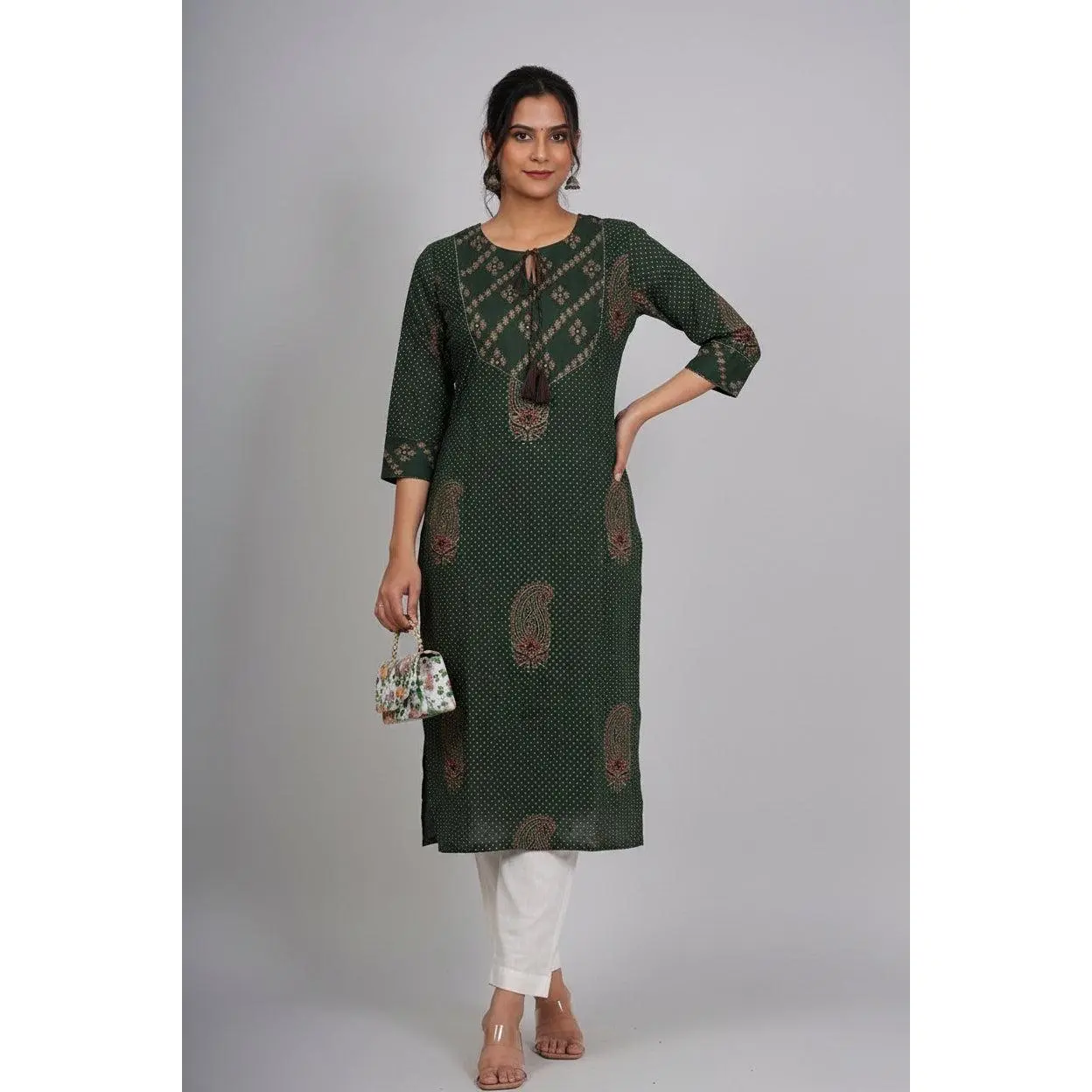 Women's Green Printed Cotton Straight Kurti - Casual Round Neck Regular Sleeve Breathable Cotton Dress