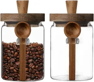 2-Pack Round Airtight Glass Food Storage Containers with Bamboo Lids, Silicone Seals, Handy Wooden Scoop, 20.3oz Portable Kitchen Canisters for Coffee, Tea