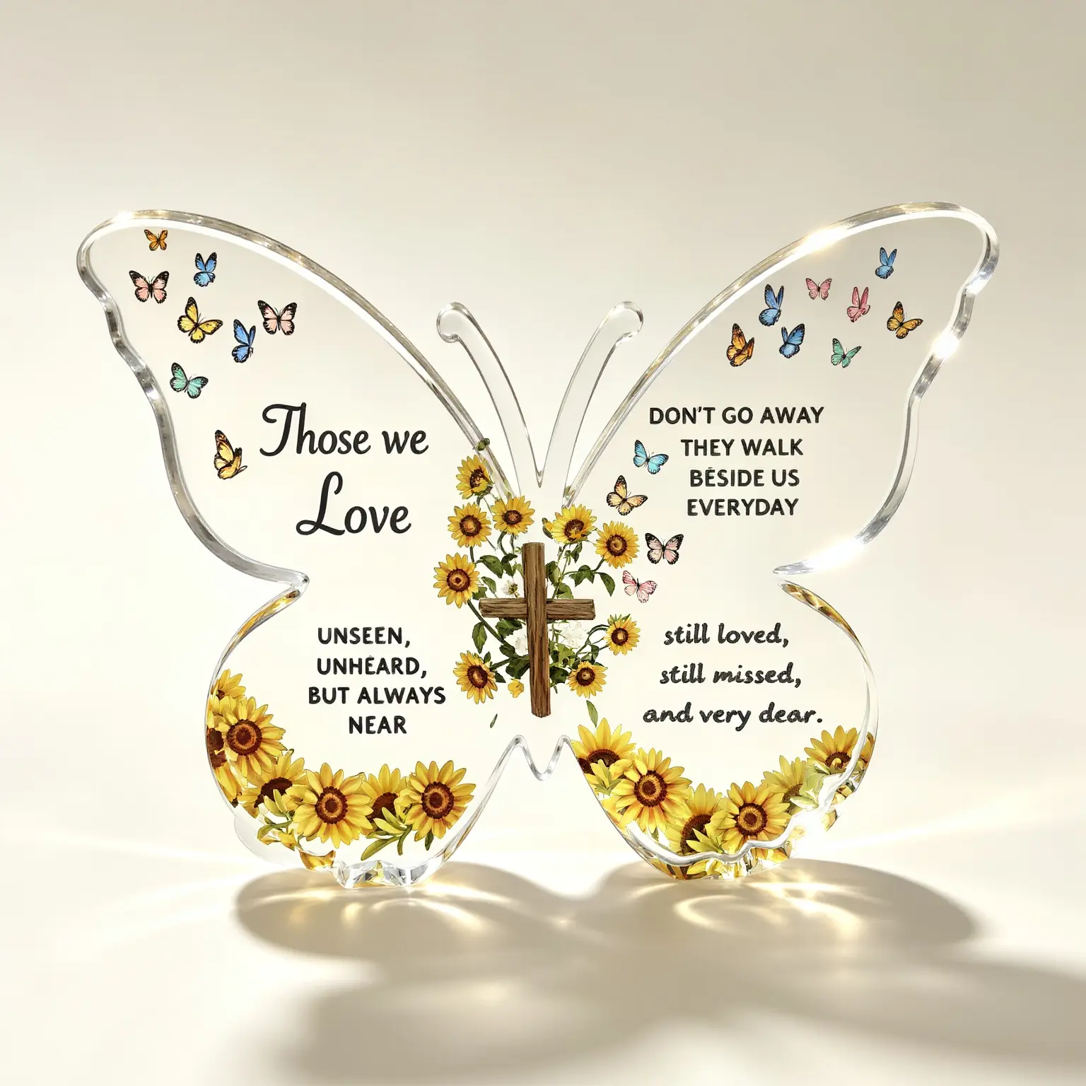 Butterfly Shaped Acrylic Sympathy Plaque with Sunflower Cross, Those We Love Memorial Bereavement Table Decor, Condolence Keepsake Gift for Funeral Remembrance Day