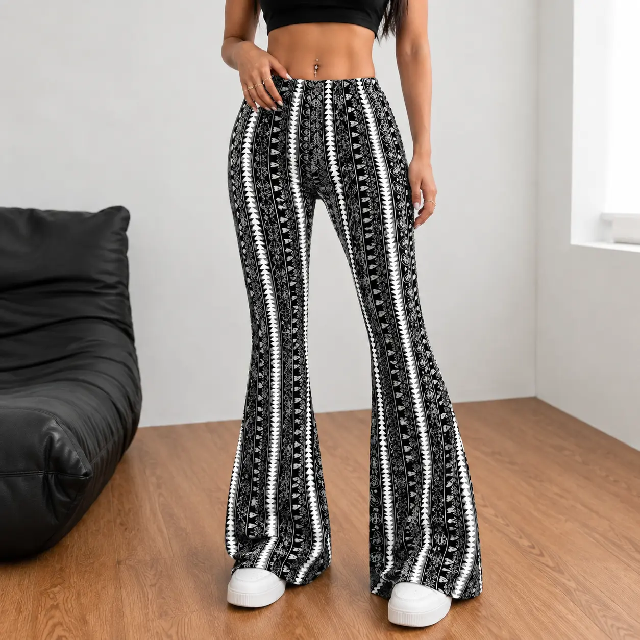 Women's High-Waisted Boho Printed Flare Pants - High-Elastic Slim-Fit Trousers