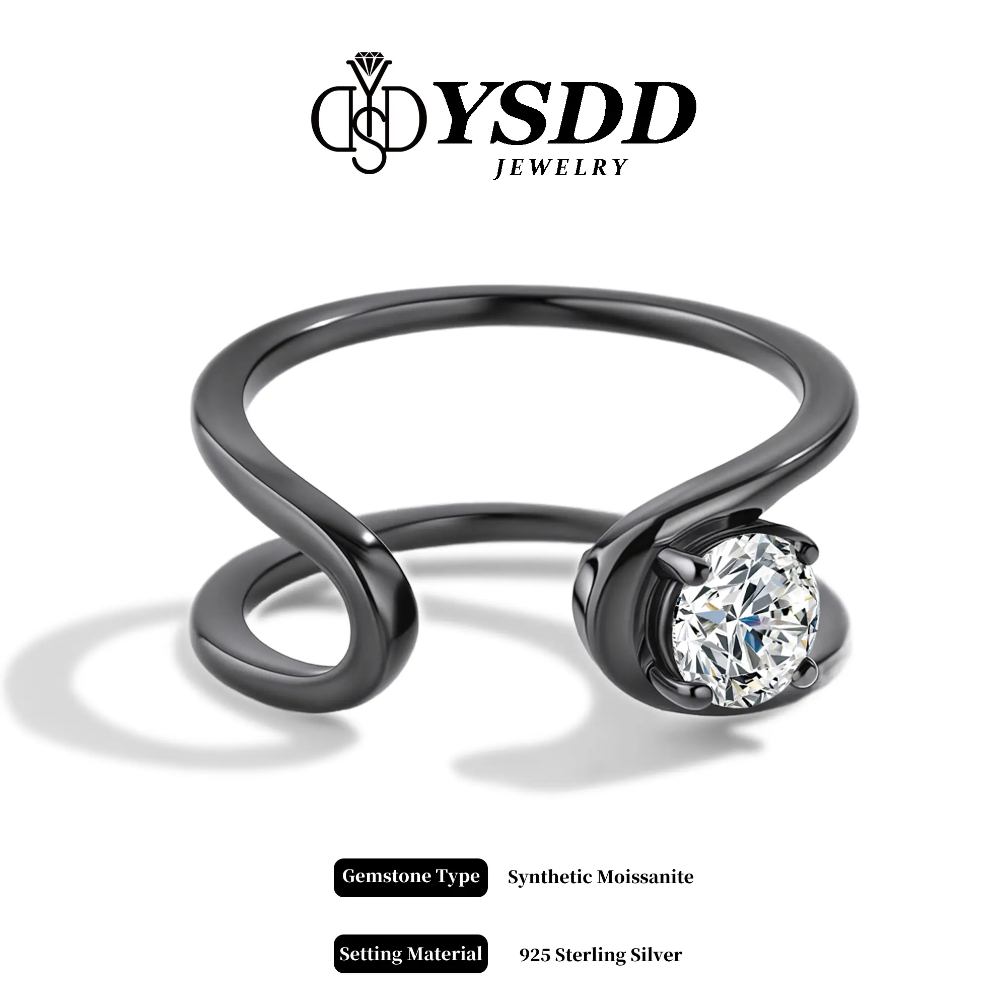 【#384 Dark Glamour】Unique Black Synthetic Moissanite Rings in 925 Sterling Silver 1/2CT