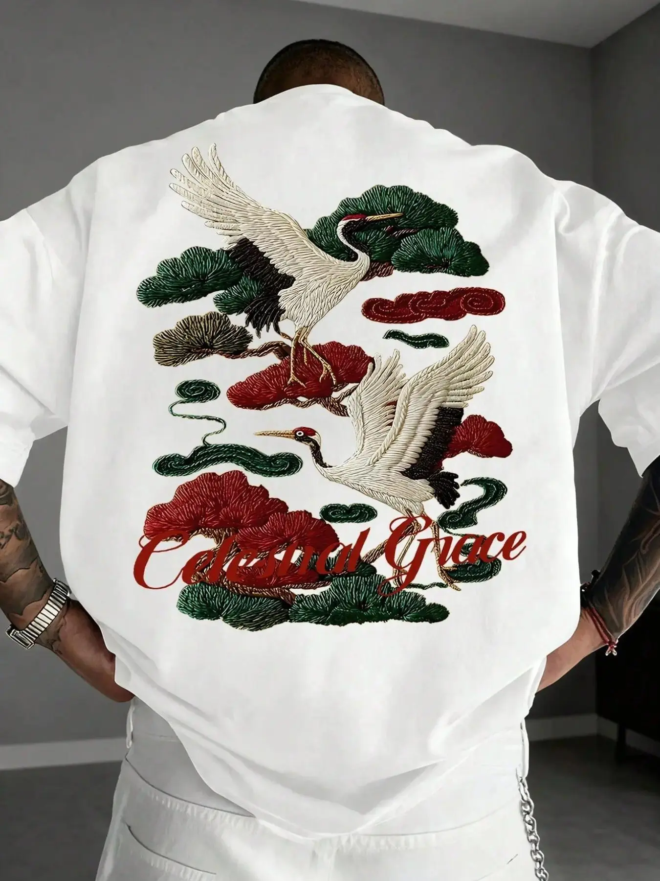 Vintage Elegant Crane Graphic Tee | Retro Japanese Streetwear Aesthetic T-Shirt | Heavyweight 100% Cotton Pine Print Top | Trendy Celestial Grace Relaxed Fit Apparel | Soft Unique Zen Gift | Chic Urban Streetwear | Daily Summer Outfit