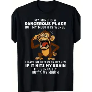 Bold Honesty Tee for Everyday - 'If It Hits My Brain-’ Slogan with Cartoon Monkey for a Laid-Back Vibe,Personalized short-sleeved T-shirt, regular length T-shirt, suitable for all seasons, casual style.