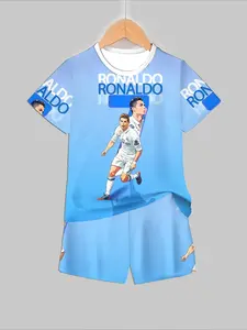 Kids CR7 Real Madrid Football Sports Suit - Light Blue Cartoon Edition Short Sleeve Tee & Shorts, Sport Outdoor Clothing