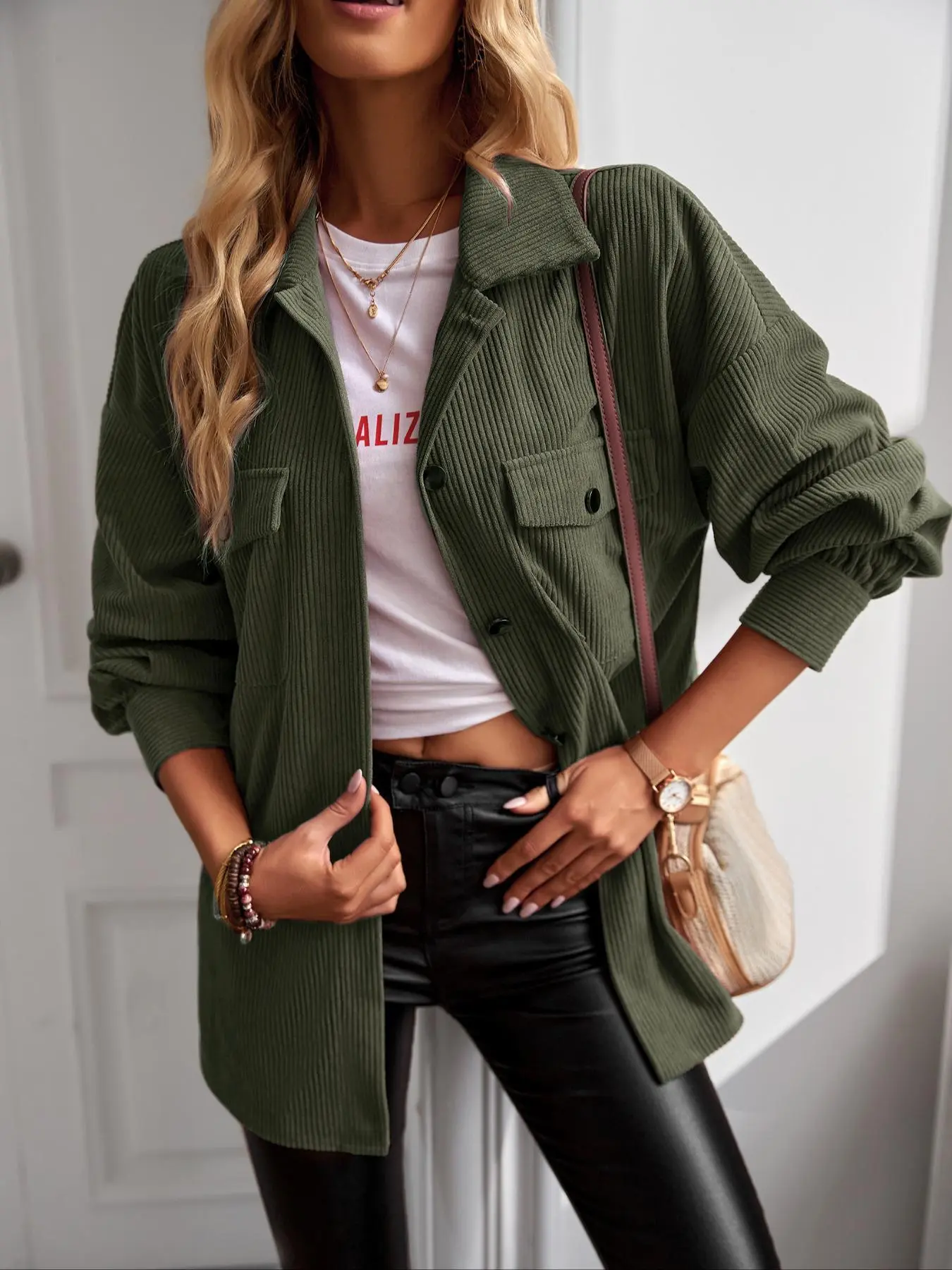 Women's Elegant Comfortable Corduroy Collared Full-Sleeve Shirt Jacket - Button-Front, Relaxed Loose Fit, Autumn Winter Plain Fashion Style Commuter Office Outerwear