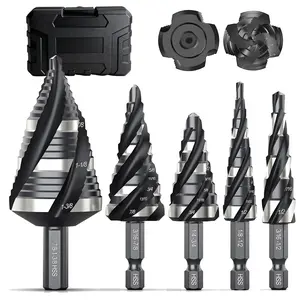 Four Spiral Flute Step Drill Bit Set, 1/8"-1-3/8" (50 Sizes), 5PCS High-Speed Steel Unibit Step Bits with 1/4" and 3/8" Hex Shank for Stainless Steel,Metal,Aluminum,Wood,Plastic