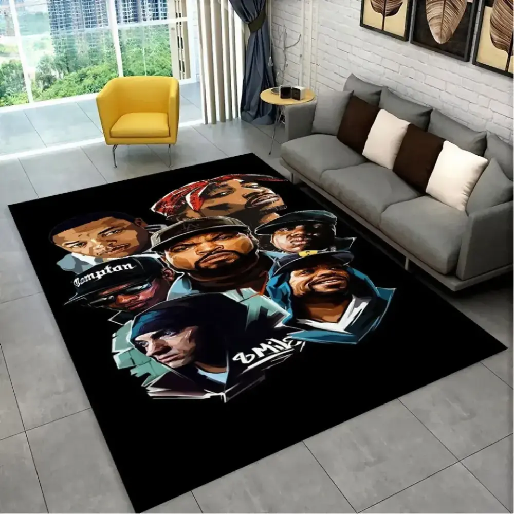 Hip Hop Legends Area Rug, West Coast Rap Icons Portrait Collage Floor Rug with Bold Black Background and Urban Street Art Style, Gift for Hip Hop Fans and Music Lovers