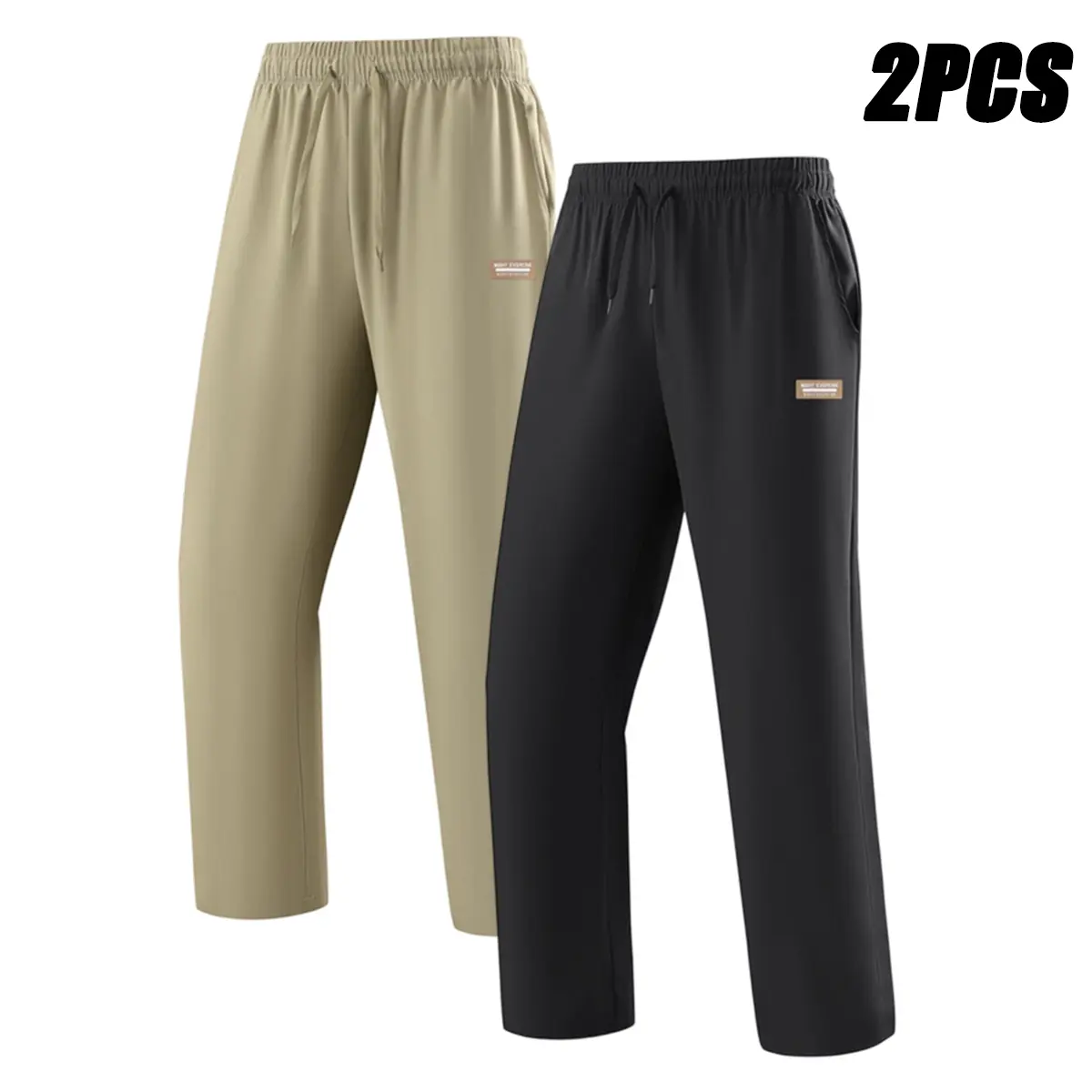 2pcs Men's Lightweight Straight-Leg Casual Pants with Elastic Waist & Adjustable Cord - Breathable Straight-Look Trousers Suitable for, Office, Outdoor, - Spring Summer Fall Wear, Solid Color (Machine Washable)