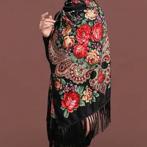 Women's Winter Warm Classic Casual Style Scarf Long Russian Scarf Boho with Floral Embroidery and Fringes