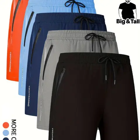 【Plus Size】 Letter Print Drawstring Waist Shorts, Casual Regular Fit Pocket Zipper Shorts for Summer, Athleisure Menswear, Lightweight Workout Activewear, Training Cycling Breathable Fitness Athletic Wear, Sports Shorts Set