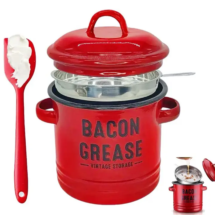Bacon Grease Container, Rustic Farmhouse Enamel Bacon Grease Container with Fine Mesh Strainer, Kitchen Oil Dispenser with strainer & Lid, Olive Oil Dispenser, Ideal for Frying Residue Filtration, Fat Keeper for Cooks, Easy-to-Clean