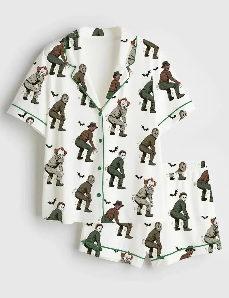 Women Horror Movie Characters Twerking Pajama Set Summer Loose Sleepwear Halloween Funny Freddy Jason Michael Myers Pennywise Short PJ Set Casual Nightwear