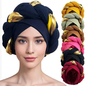 African Turban Cap Headdress Women's Pleated Hat Hair Accessories Arab Wrapped Muslim Hijab Wedding Formal Chic Party