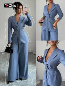 Spring Fall New Fashion Chic Casual Professional Commuter Metal Buckle Waist Long Sleeve Jacket + Straight Loose Wide Leg Pants Suit Set Womenswear Outfit