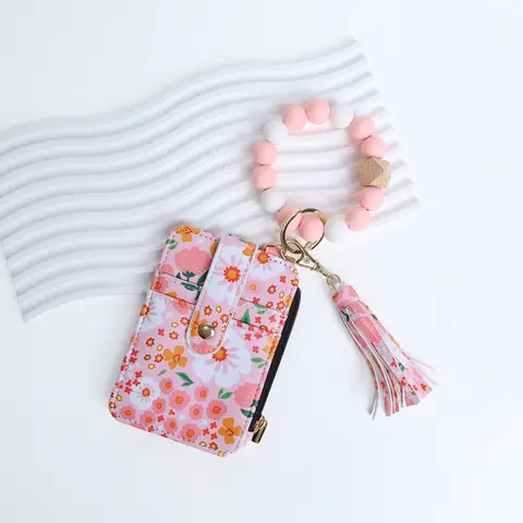 Women's Bohemian Style Floral Beaded-Tassel Mini Wallet Keychain Accessory, 4.13in x 7.87in x 0.63in Multifunctional Fashion Card Holder for Daily Outfit Aesthetic Upgrade