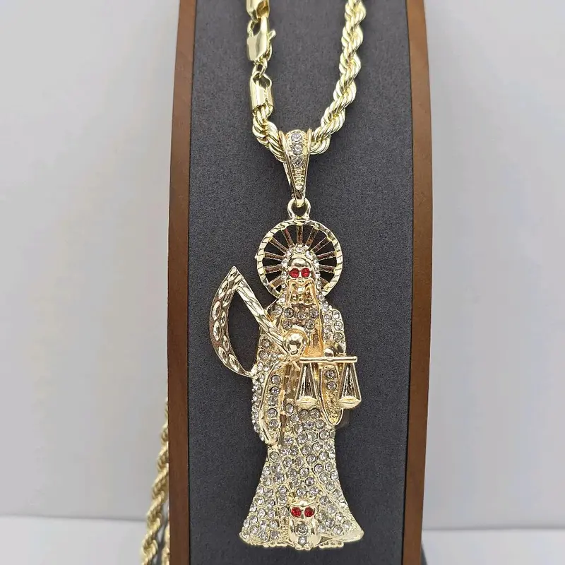 THE GRIM REAPER/LA SANTA MUERTE FASHION necklace Rope style chain GOLD-PLATED 24"inches clear red stone's new pendant