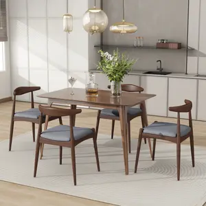 5-Piece Dining Set 1 Table 4 Chairs, Rubberwood Frame, Faux Wood Tabletop, Retro - Elegant for Kitchen & Family Dining, Walnut+Light Gray(High end and high-quality)