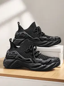 Men's All-Black Soft Knit Techwear Casual Shoes, Comfortable Daily Style, Soft Knit Upper + Sock-Style Easy On/Off + Techwear Platform Sole, Soft Fit & Effortless Wear , Ideal for Daily Commuting & Light Activity Scenes