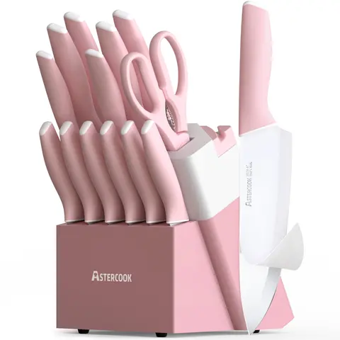 Astercook Pink 14-Piece Ceramic Handles Stainless Steel Knives Kitchen Set with Self-Sharpening Block, Utensils, 6 Steak Knives, Dishwasher Safe - Halloween, Christmas Gift for Her