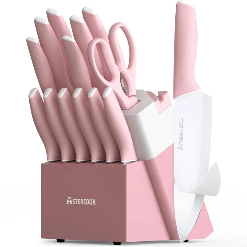 Astercook 14-Piece Serrated Kitchen Knife Set - High Carbon Stainless Steel Blades with No-Stick Coating, Knife Block, Sharpener, Dishwasher Safe, Durable for Cutting, Steak Prep, Housewarming/Halloween Gifting