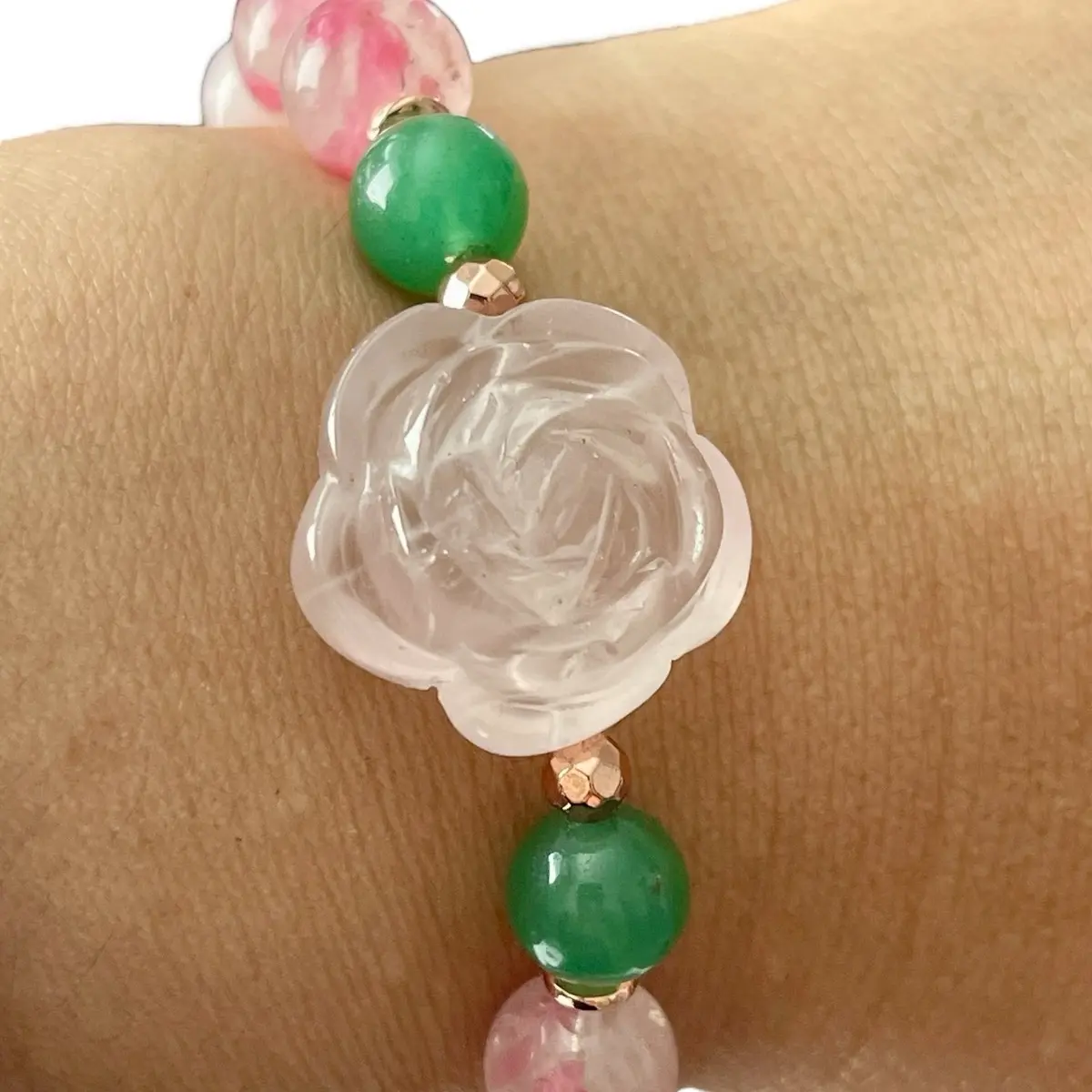 Natural Crystal Mixed Stones Bracelets - Rose Quartz, Green Aventurine, Cherry Blossom Agates Crystal Blend Stretch Bracelets for Daily Wear, Adjustable Design to Cultivate Gratitude, Positive Outlook, Attract Prosperity