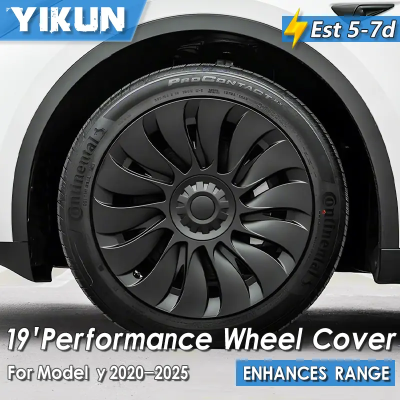 YIKUN 4PCS 19-Inch Full Rim Wheel Covers, Aerodynamic Performance Replacement Hub Caps, Car Rim Accessories with Scratch Guard, White Edge Coverage & Hub Exterior Protection for Tesla Model Y (2020-2024)