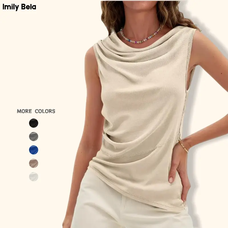 Imily Bela Womens Cowl Neck Tank Tops 2026 Summer Off The Shoulder Asymmetrical Ruched Tops Going Out Sleeveless Shirts