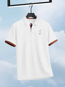 Men's Fashion Print Polo Shirt, Creative Simple Horse Pattern Short Sleeve Collared Top, Collar and Color Block Sleeves, Summer Casual Golf Shirt