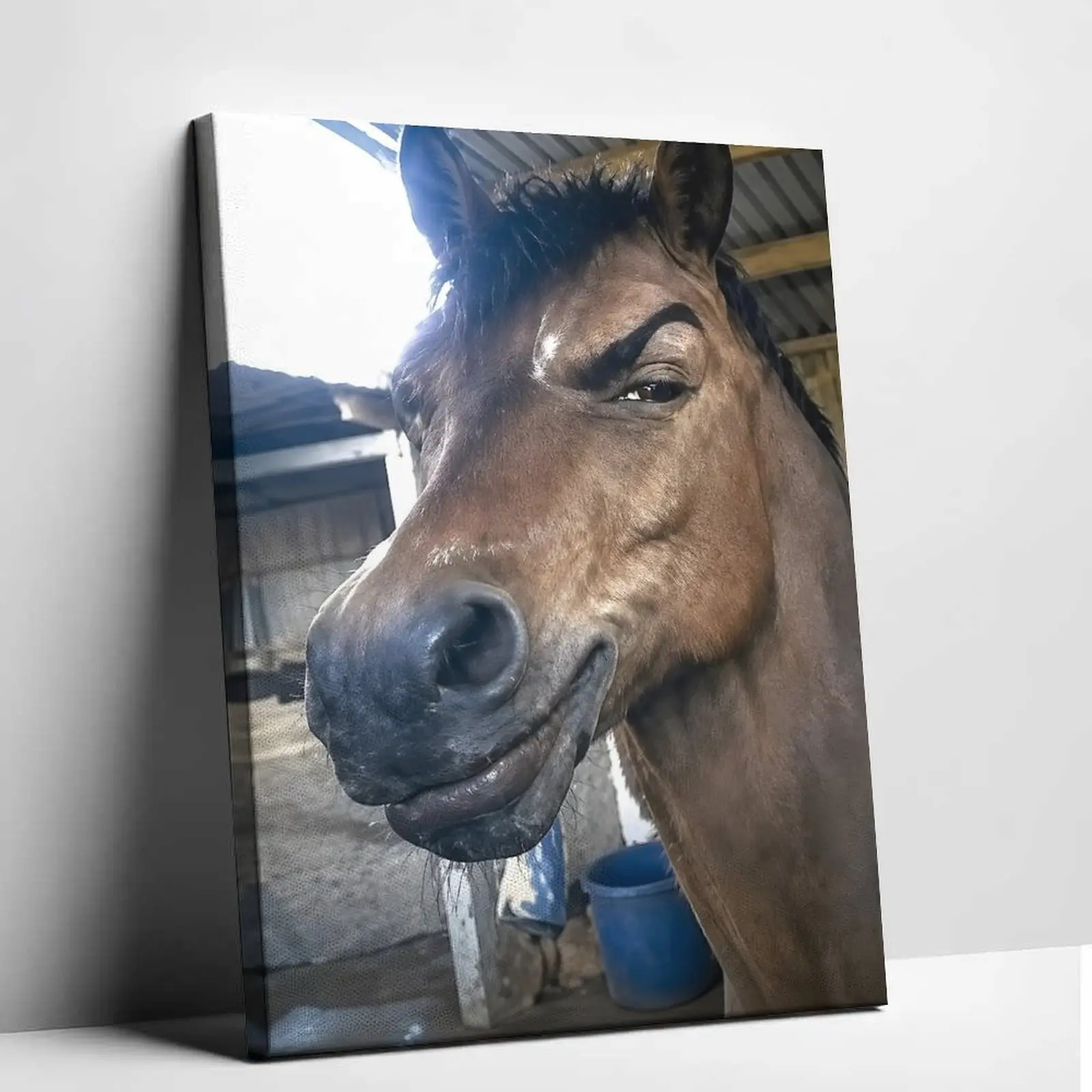 Funny Eyebrow Raising Horse Meme Poster Canvas Painting Humorous Animal Wall Art Print Cute Smiling Horse Picture Aesthetic Room Decor Cozy Apartment Dorm Office Hanging Poster Gift Idea