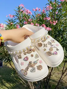 27pcs Fashion Dance Girl Gem Simulated Pearl Beads Chain Abs Resin Shoe Clips, DIY Decorations for Women Sandals Slippers, Rhinestone Shoes Charms