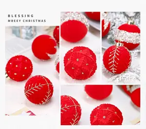 12PCS Red Flocked Christmas Ball Ornaments | 8cm Velvet Painted Hanging Baubles for Xmas Tree Decor