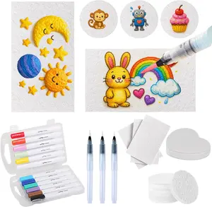 Magic Puffy Paint Foam Texture Painting Kit: 36 Sheets 3D Foam Texture Paper (Round, Heart, Rectangle) with Watercolor Pens & Brushes,