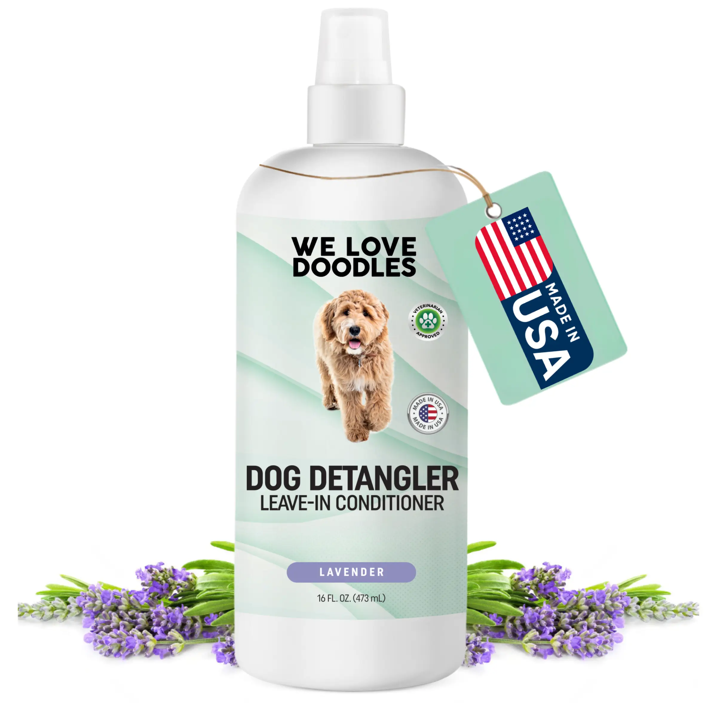 Dog Detangler Spray - Leave-in Conditioner for Dogs - Dog Detangling Spray - Dematting & Tangle Remover - Made in The USA - Large 16 fl oz (Lavender)