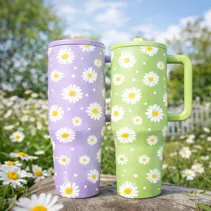 1pc 40oz Daisy Floral Tumbler With Handle And Lid, Pastel Purple Green Stainless Steel Insulated Travel Mug, Double Wall Vacuum Cup Keeps Drinks Cold 12H Hot 6H, Large Coffee Cup For Spring Summer, Cute Gift For Women Friends Mom