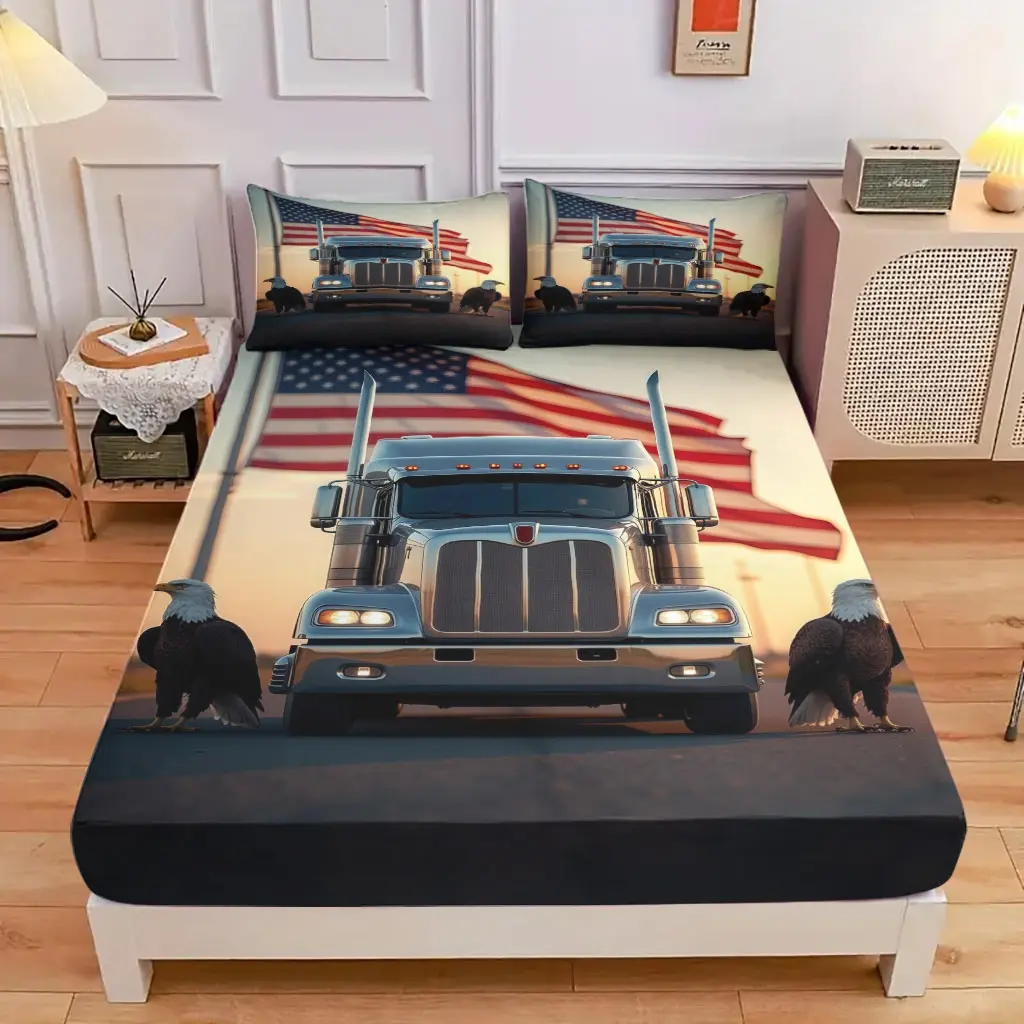 3-Piece Comfortable American Flag And Truck Bed Cap Set, High-Definition Digital Printing, Soft And Breathable, 100% Polyester Fiber, Perfect Gift For All Seasons, Suitable For Family And Friends. Clearance Sale