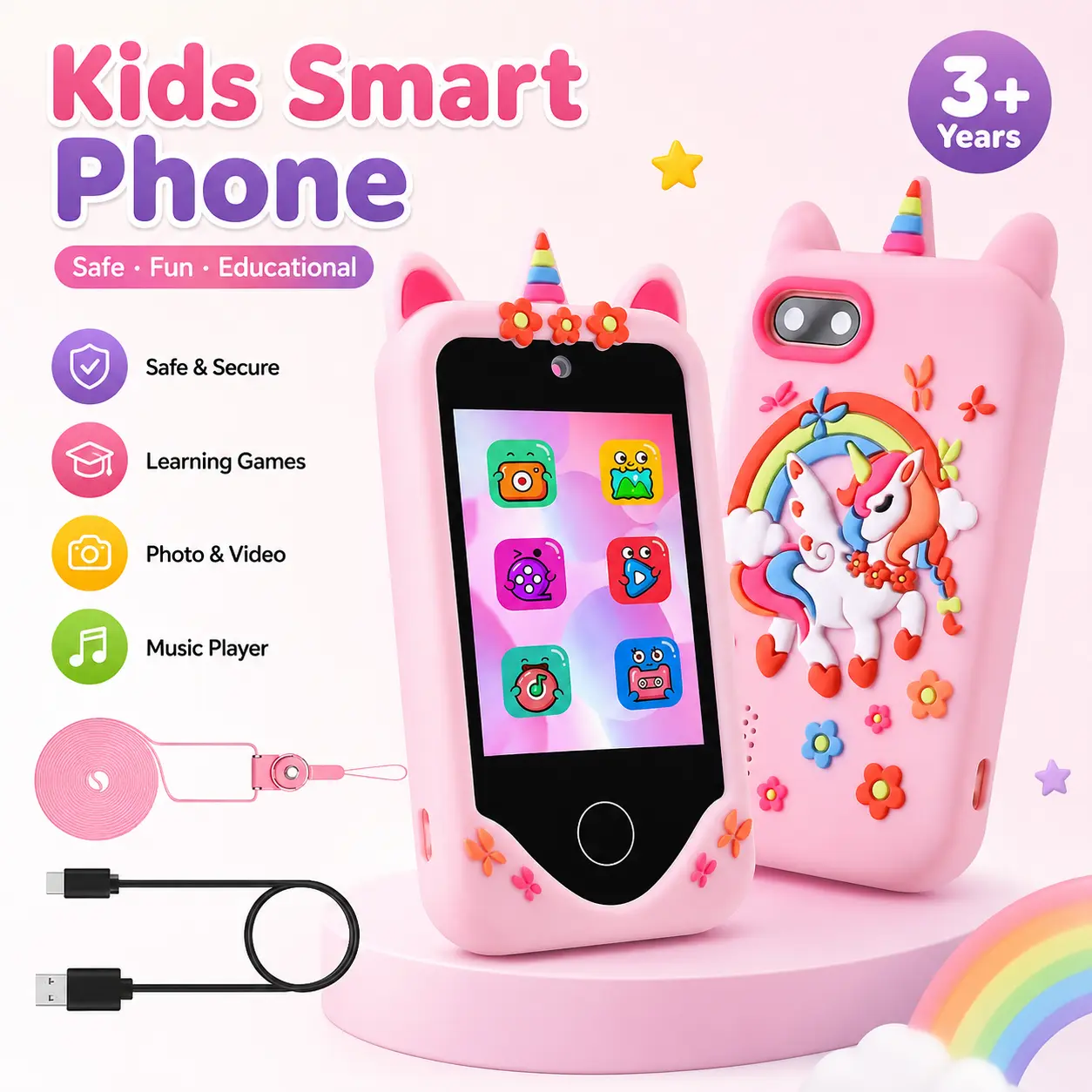 Kids Smart Toy Phone,Adorable Filters + 10+ Fun Games,8 Brain-Teasing with Cute Silicone,GamesCase Rechargeable Toy,Perfect Birthday or Summer Gift for Boys and Girls Ages 3–12, Multifunction Learning Tool Rubber