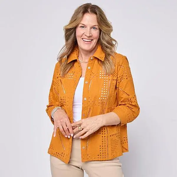 MarlaWynne WynneCollection 3/4-Sleeve Pointelle Patchwork Shirt