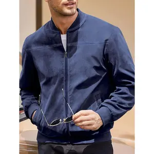 2025 new Stylish Men's Casual Zip-Up Jacket - Navy Blue, Polyester, Long Sleeve, Stand-Up Collar, Zippered Pockets, Perfect for Spring & Autumn, Autumn Jacket |   Sleek Navy Jacket |   Zippered Closure Menswear Coats Beige Tops Plain