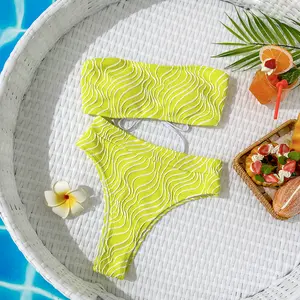 Lime Green Wavy Textured Bandeau Bikini - Strapless High Waisted Tummy Control Swimsuit with Back Tie, 2 Piece Bathing Suit for Women Beachwear