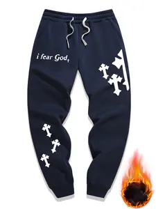 Men's fleece-lined ribbed long pants with regular fit, casual style, featuring letter print pattern, elastic waistband with drawstring and pockets, suitable for outdoor sports, commuting, streetwear, an ideal gift for husbands/boyfriends during autumn and