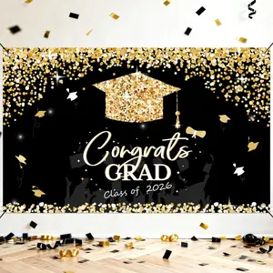 2026 Graduation Decorations - Black and Gold Graduation Backdrops and Congratulations Banners - 2026 Graduation Party Supplies and Decorations