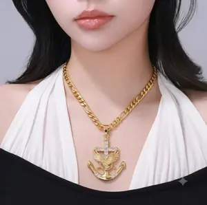18K Real Unisex Anchor Necklace In Gold Plated With Zirconia Inlay And gold plated cuban chain